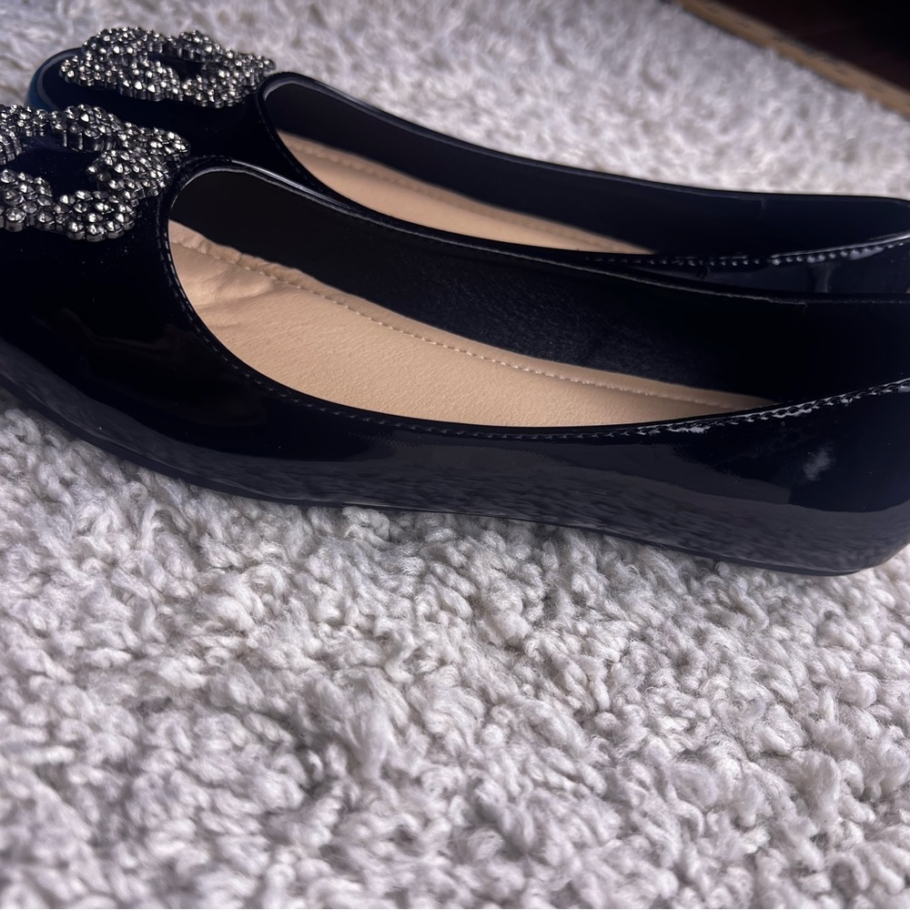 WOMENS PIERRE DUMAS BLACK PATENT BALLET FLATS WITH RHINESTONES SIZE 7 EUC - Picture 6 of 15